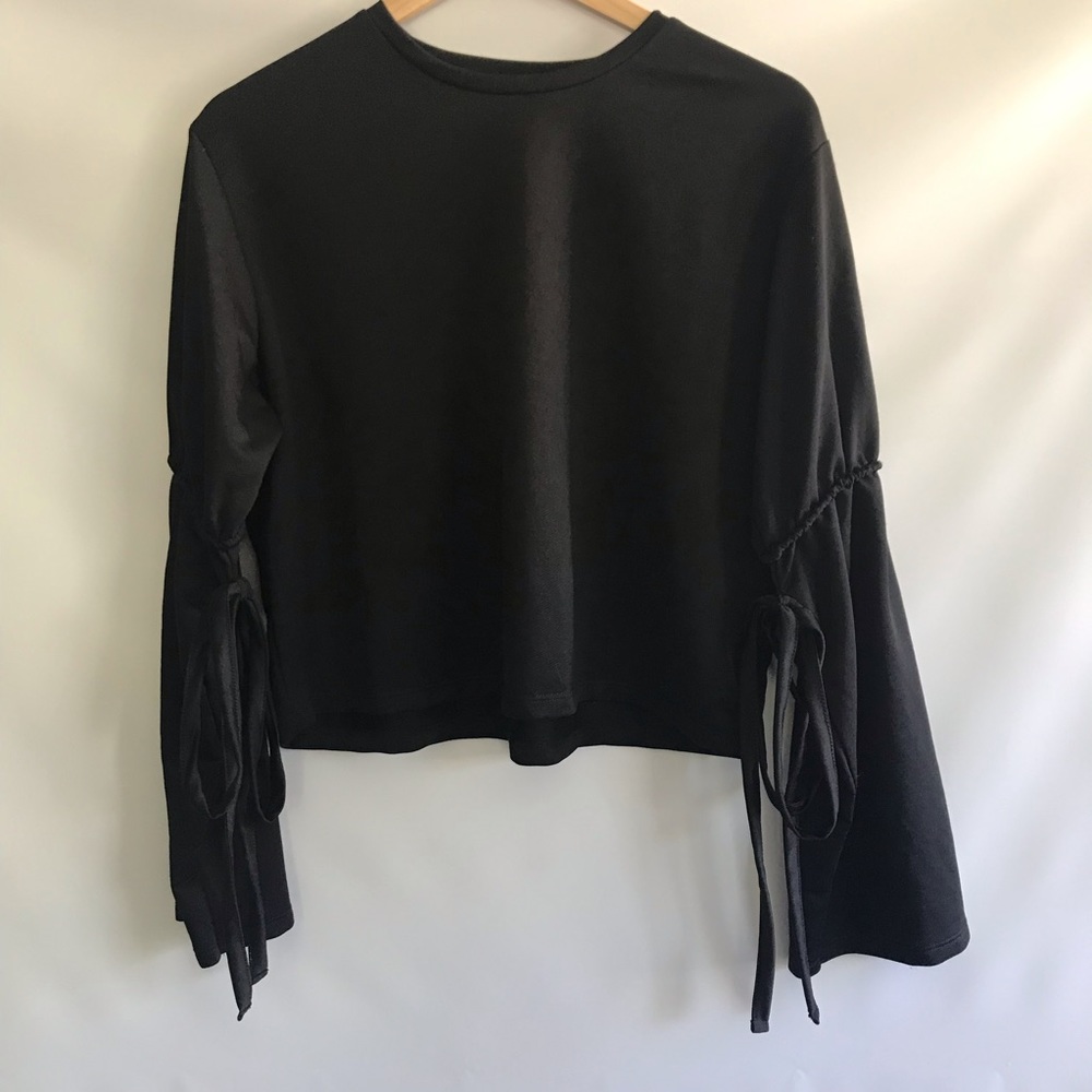 Zara Black Top with bell sleeves and tie detail